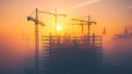 Aufkleber - Sunrise silhouettes of construction cranes and building under fog.