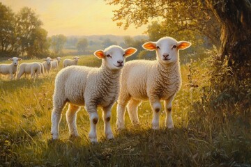Poster - Two adorable lambs stand in a sunlit pasture with a flock of sheep in the background.