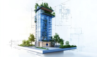 Poster - Eco-friendly high-rise building architectural design model with green spaces and blueprint overlay.