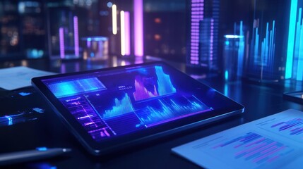 Fototapete - Futuristic tablet displaying financial data graphs and charts in a modern office setting.