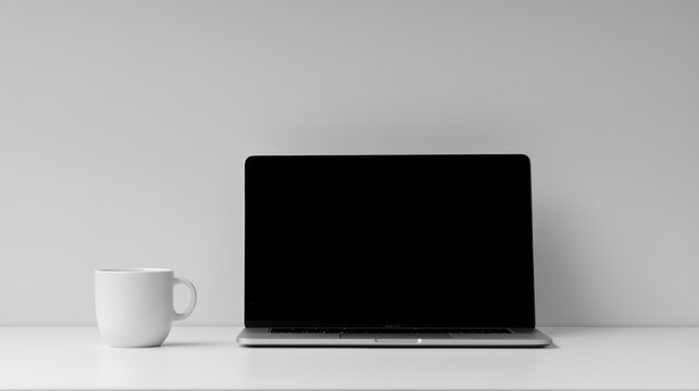 Minimalist workspace laptop and coffee mug on white desk.