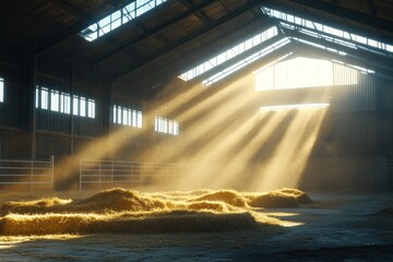 Leinwandbilder - Sunbeams illuminate a rustic barn interior filled with hay bales.