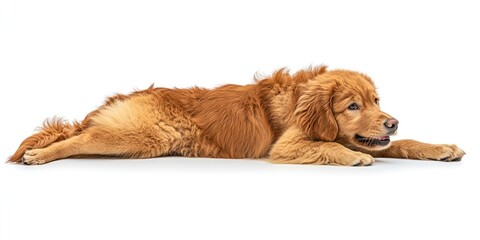 Poster - Golden Retriever puppy lying down on white background.