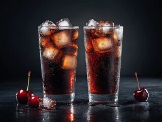 Poster - Two glasses of cola with ice and cherries.