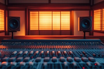 Poster - Mixing console in a serene Japanese-style recording studio.