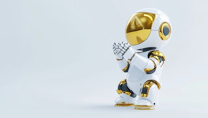 Poster - Cute white and gold robot astronaut in praying pose on white background.