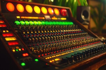 Fototapete - Vintage audio mixing console with illuminated knobs and meters in a recording studio.