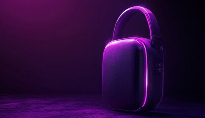 Poster - Purple headphones with neon glow on dark background.