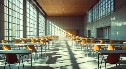 Aufkleber - Sunlit modern hall with numerous tables and chairs.