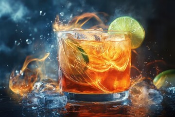 Poster - Flaming cocktail with ice and lime in a rocks glass.