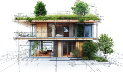 Aufkleber - Eco-friendly two-story house architectural design with green roof and interior view.