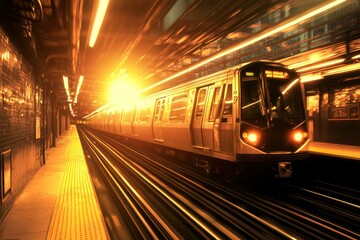 Leinwandbilder - Subway train arriving at station platform, illuminated by bright lights.