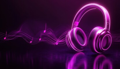 Poster - Glowing pink headphones with music notes and sound waves.