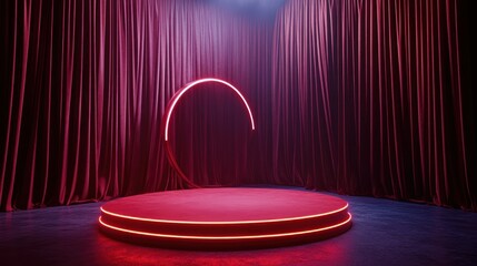 Poster - Red stage with neon circle and velvet curtains.