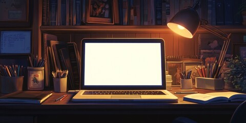 Aufkleber - Laptop on wooden desk at night, illuminated by lamp, surrounded by books and art supplies.