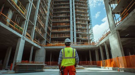 Aufkleber - Construction worker looking up at a high-rise building under construction.