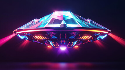 Poster - A hologram of a UFO. UFO of polygons, triangles of points and lines. Alien lowpoly connection structure. Technology concept.