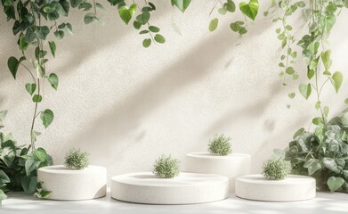 Aufkleber - White podiums with greenery and sunlight on a beige wall.