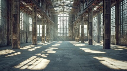 Poster - Sunbeams illuminate a vast, empty industrial space with aged concrete floor and large windows.
