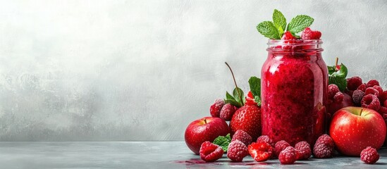 Sticker - Red fruit smoothie in mason jar with raspberries, strawberries, and apples.