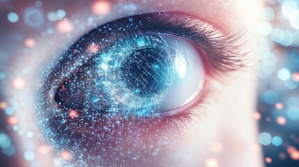 Aufkleber - Close-up of a human eye with a digital world map overlay, symbolizing technology and connection.
