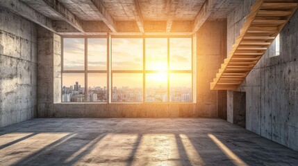 Aufkleber - Sunlit empty loft apartment with concrete walls, wooden stairs, and large windows overlooking a city skyline at sunset.