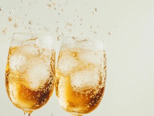Poster - Two glasses of bubbly golden beverage with ice cubes splashing.