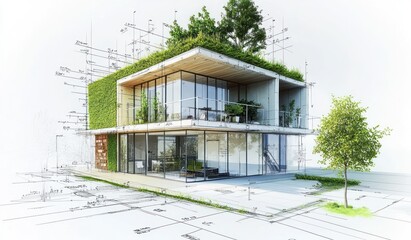 Poster - Eco-friendly modern house architectural design with green roof and walls.