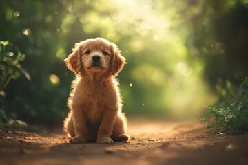 Poster - Adorable golden puppy sitting on a path in a sunlit forest.