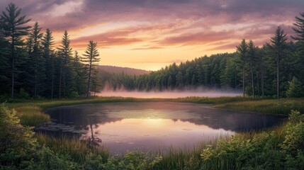 Poster - Serene sunrise over misty forest lake reflecting colorful sky.