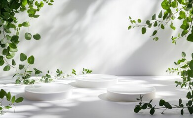 Poster - Three white podiums on white background with green leaves and sunlight shadows.