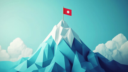 Poster - Hologram achievement of the goal. A mountain with a flag of polygons, triangles of points and lines. Achieving the goal of a low-poly compound structure. Technology concept.