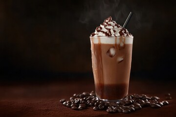 Poster - Iced chocolate drink with whipped cream and chocolate syrup, served in a glass with ice cubes and coffee beans.
