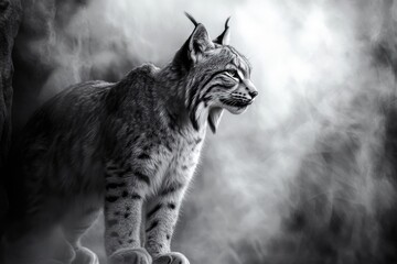 Poster - Majestic lynx in monochrome, perched amidst misty, rocky surroundings.
