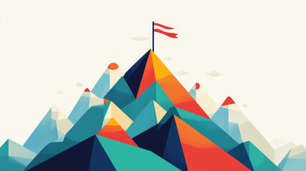 Poster - Hologram achievement of the goal. A mountain with a flag of polygons, triangles of points and lines. Achieving the goal of a low-poly compound structure. Technology concept.