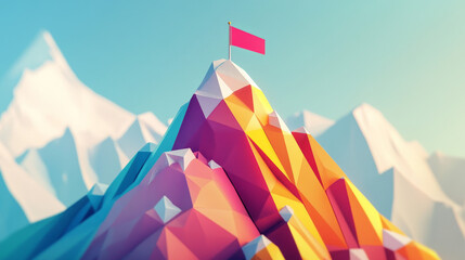Poster - Hologram achievement of the goal. A mountain with a flag of polygons, triangles of points and lines. Achieving the goal of a low-poly compound structure. Technology concept.