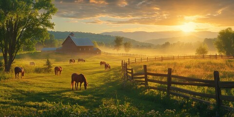 Poster - Sunrise over a picturesque farm with horses grazing in a misty field.