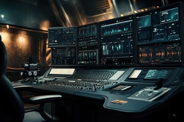 Poster - Futuristic control room with multiple monitors displaying data and graphs.