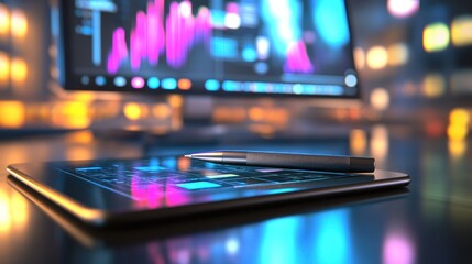 Wall Mural - Tablet and pen on desk with stock market data displayed on a computer screen in the background.