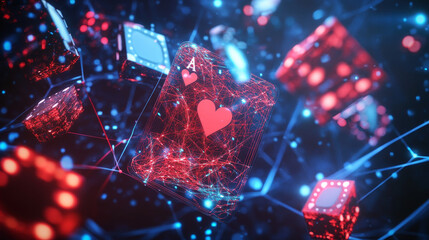 Poster - Hologram playing cards. The casino consists of polygons, triangles of points and lines. Playing cards are low-poly connection structure. Technology concept.