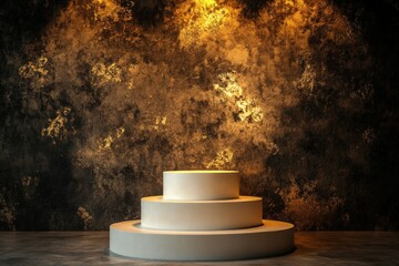 Poster - Three-tiered white podium against a textured gold and brown wall.
