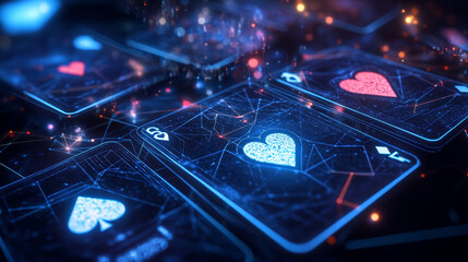 Poster - Hologram playing cards. The casino consists of polygons, triangles of points and lines. Playing cards are low-poly connection structure. Technology concept.