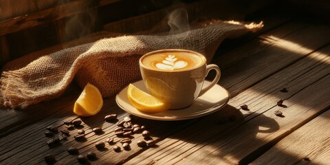 Aufkleber - Steaming latte art coffee cup with lemon on rustic wooden table.