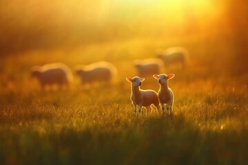 Poster - Two lambs in a field at sunset, backlit by golden light, with a flock of sheep in the background.