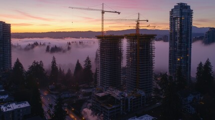 Aufkleber - Aerial view of city construction at sunrise, fog in valley.