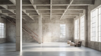 Poster - Sunlit industrial loft interior with concrete walls, columns, and high ceiling.