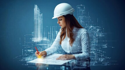 Poster - Female architect designing building, digital blueprint, futuristic technology.
