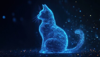 Aufkleber - Glowing blue digital cat sitting on dark background. (2)