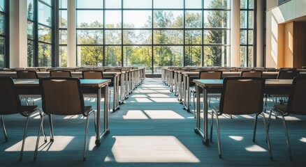 Leinwandbilder - Sunlit empty conference room with rows of tables and chairs, overlooking a green landscape through large windows.