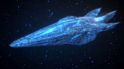 Poster - The hologram is a rocket. A spaceship made of polygons, triangles of points and lines. Journey to the stars low poly compound structure. Technology concept.